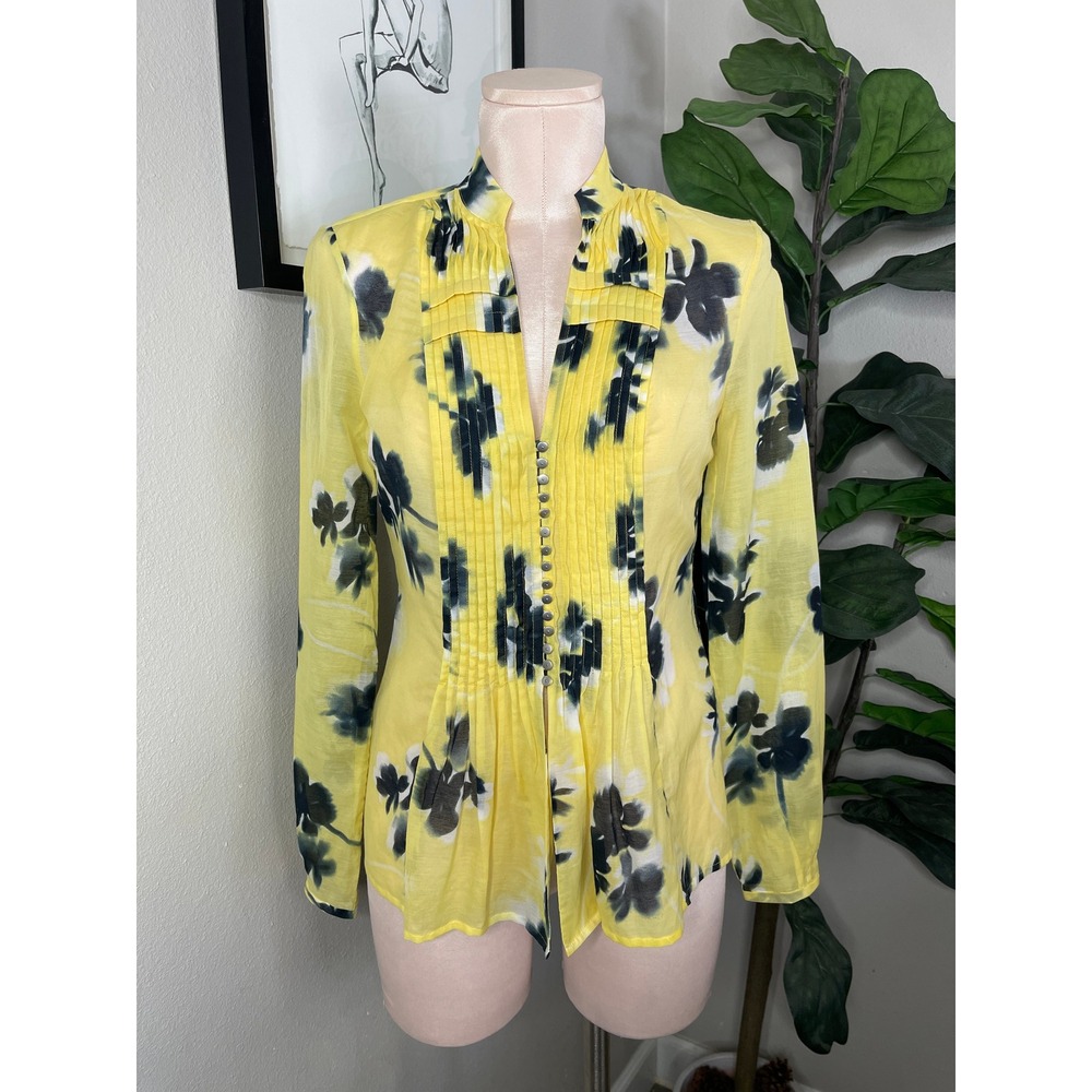 Elie Tahari Blouse Yellow Floral Silk Cotton Pintuck Button Front XS